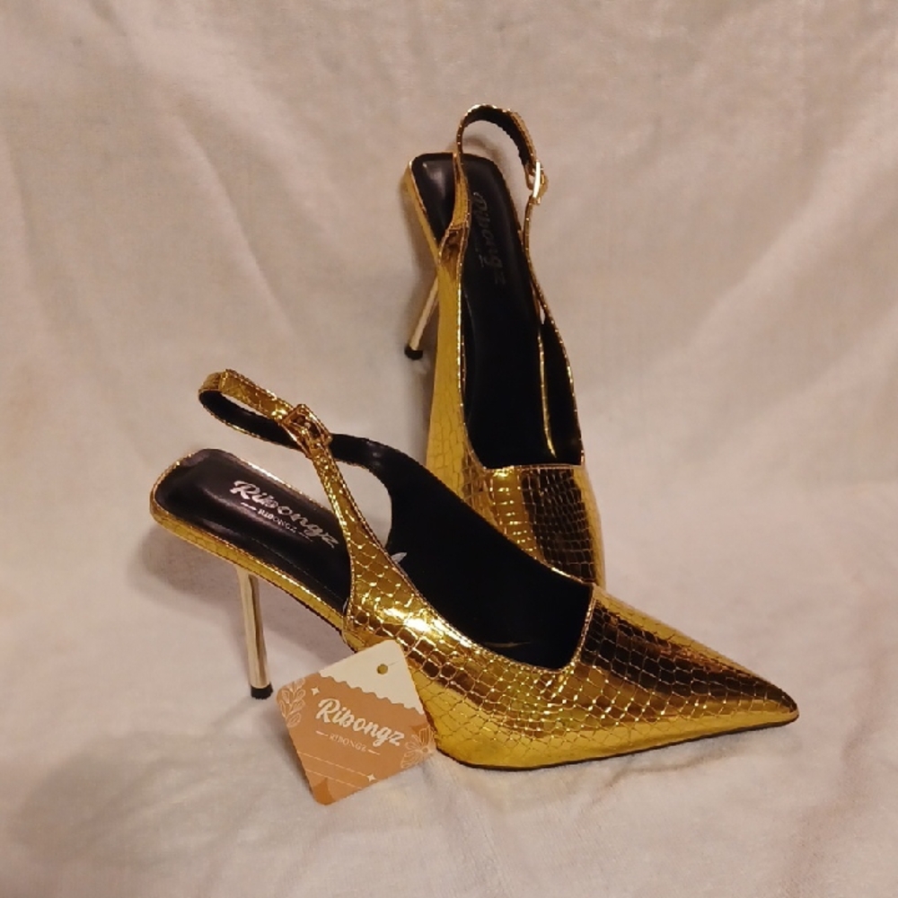 Gold Women's Slingback Heels Ribongz Women's Size 10  Gold Stone